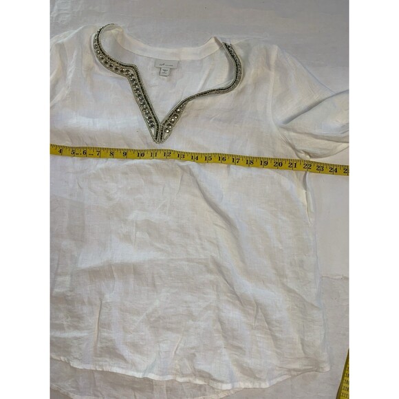 J Jill Love Linen Shirt Womans LP White Linen Tunic Blouse Gold Bead Applique - Picture 5 of 7
